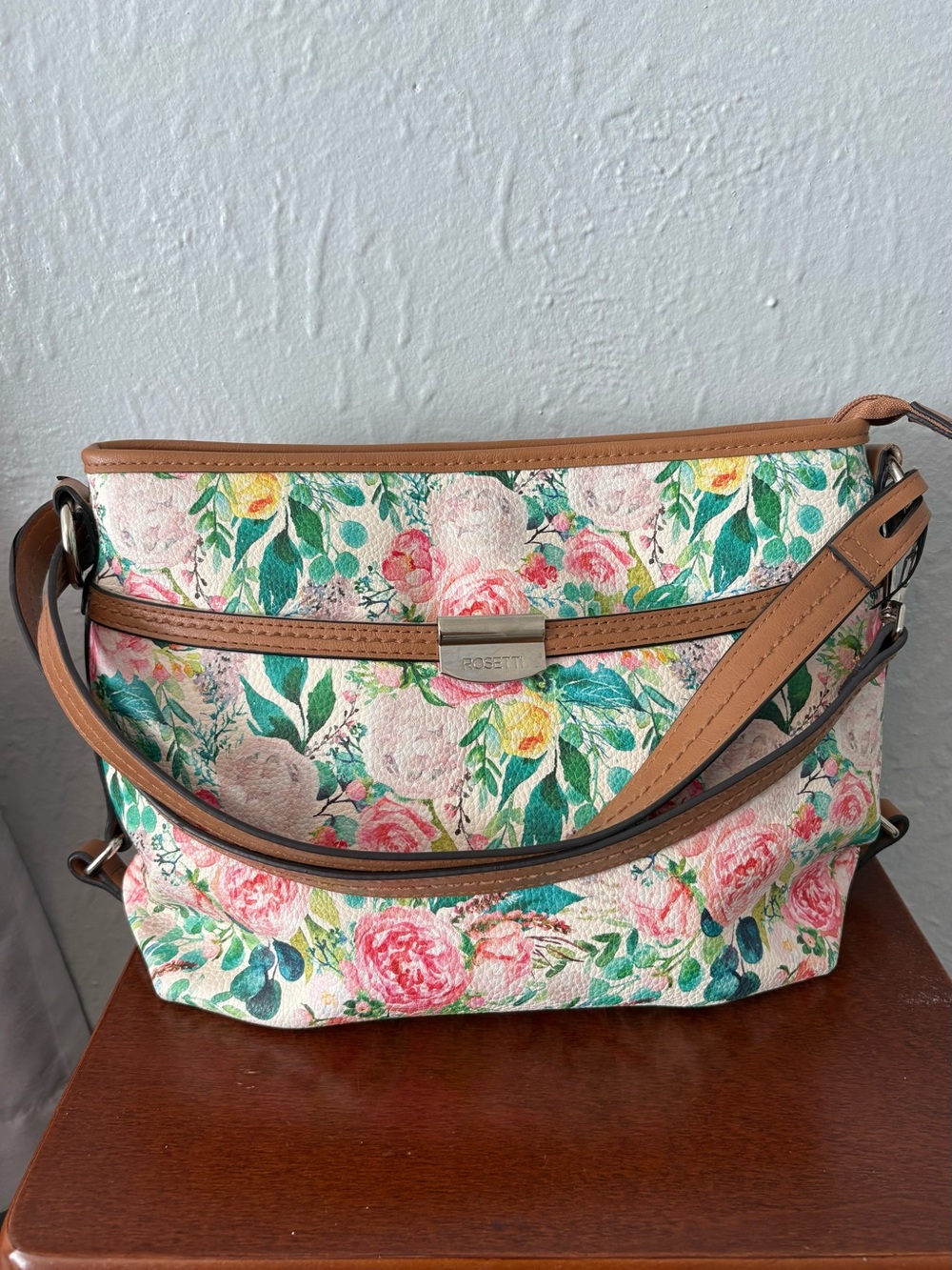 Rosetti Floral Shoulder Bag in Pink, Green and Tan